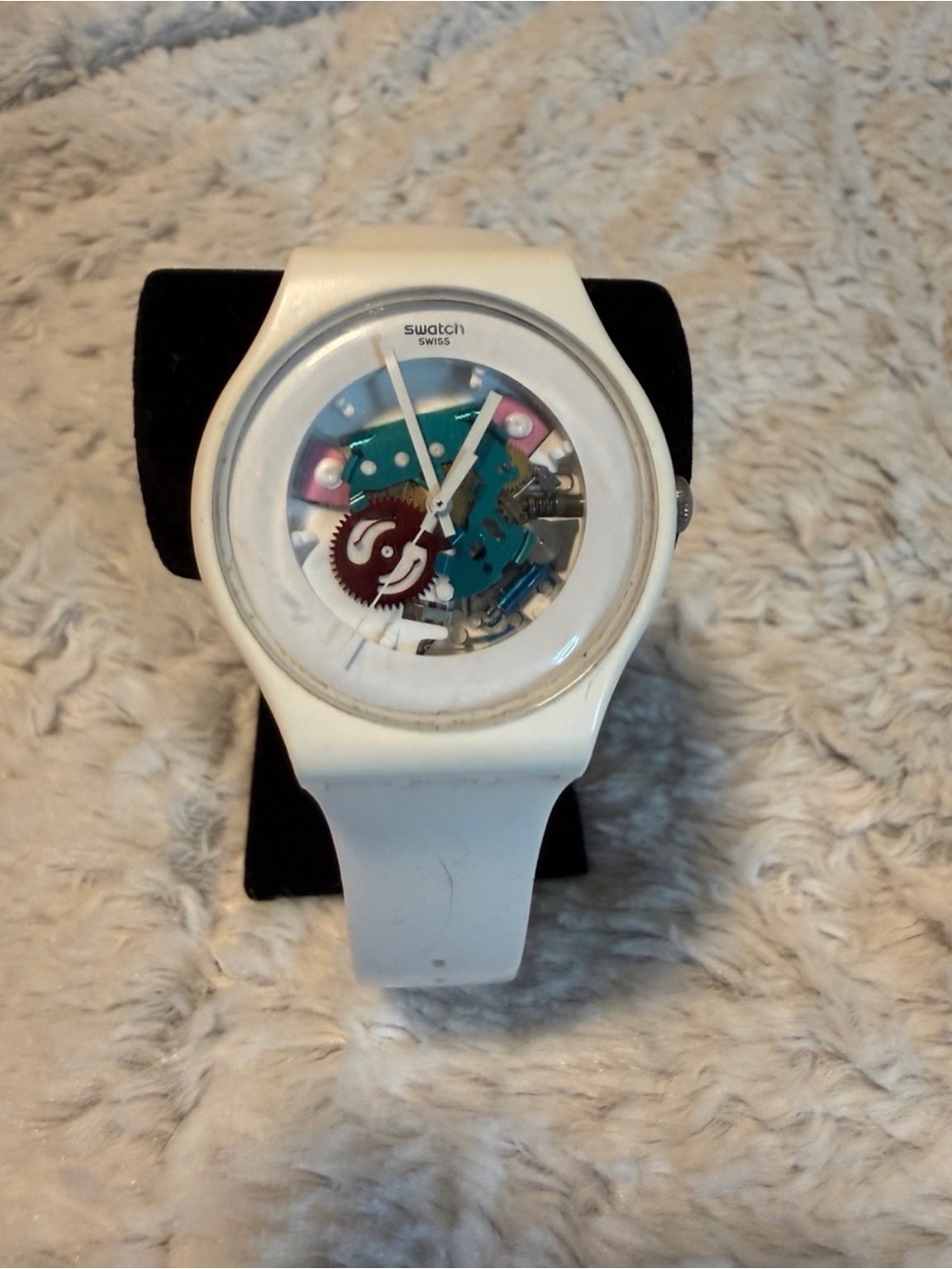 Swatch White Watch with Colorful Transparent Movement